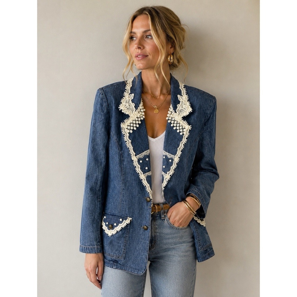 Vintage Choonsport Lace Trim Denim Blazer Women's Size 12 Blue Notch Lapel